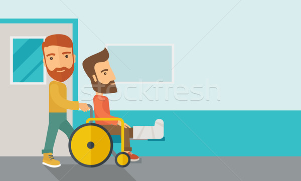 Man pushing the wheelchair with broken leg patient. Stock photo © RAStudio