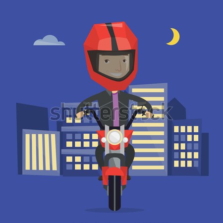 Foto stock: Mulher · equitação · motocicleta · noite · capacete · cidade