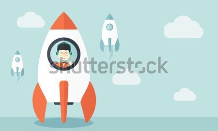 Stockfoto: Business · start · omhoog · zwarte · man · vliegen · raket