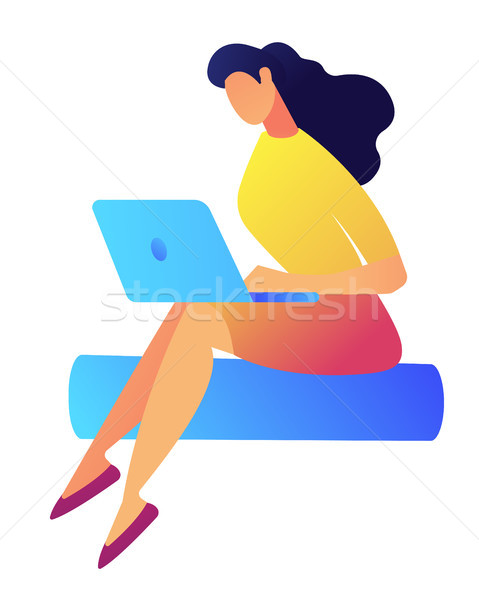 Pretty female designer with dark hair working on laptop vector illustration. Stock photo © RAStudio
