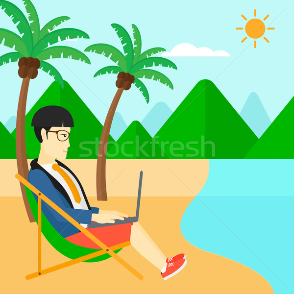 бизнесмен сидят Lounge ноутбука азиатских пляж Сток-фото © RAStudio