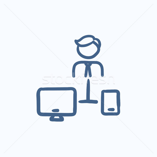 Man linked with computer and phone sketch icon. Stock photo © RAStudio