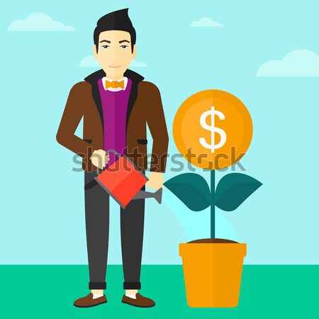 Stock photo: Woman watering money flower vector illustration.