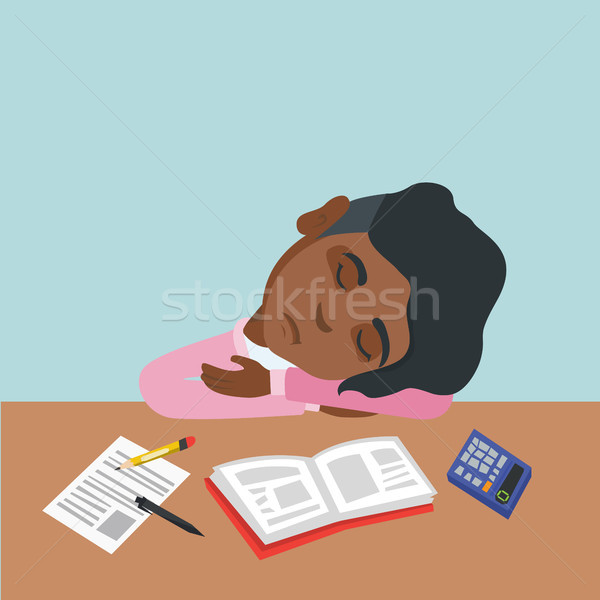 Young African Student Sleeping On The Desk Vector Illustration