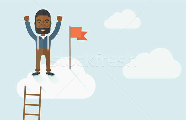Black man standing on the top of cloud with red flag. Stock photo © RAStudio
