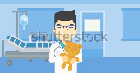 Stock foto: Kinderarzt · Arzt · halten · Teddybär · jungen · asian