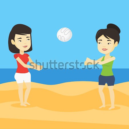 Foto stock: Dos · mujeres · jugando · playa · voleibol · dos · alegre