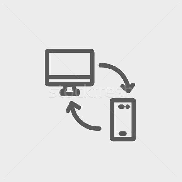 Stock photo: Data transferring from laptop to smartphone thin line icon