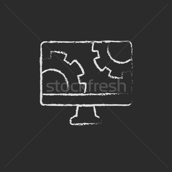 Stockfoto: Computer · versnelling · krijt · Blackboard