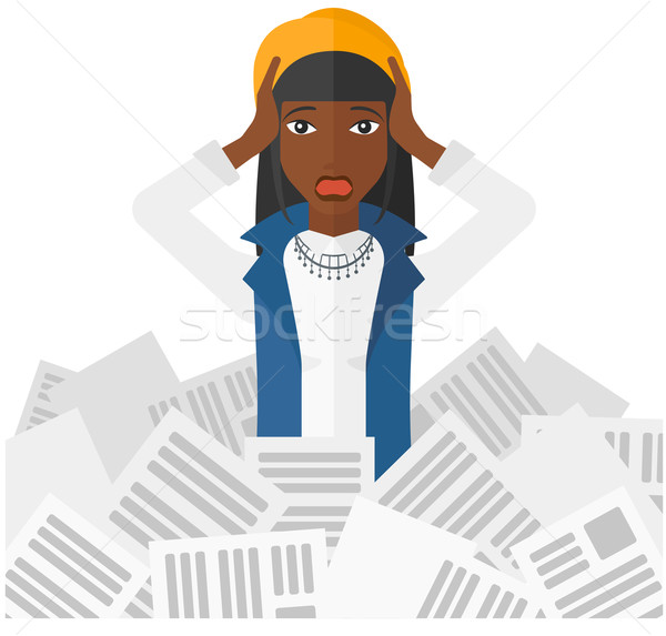 Stock photo: Woman in stack of newspapers.