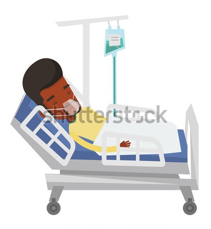 Pacient pat de spital masca de oxigen femeie procedura medicala picătură Imagine de stoc © RAStudio