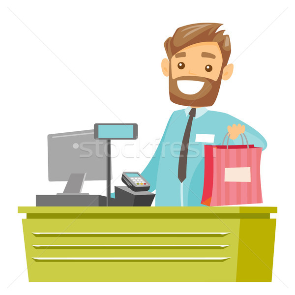 Caucasian white cashier handing over shopping bag. Stock photo © RAStudio