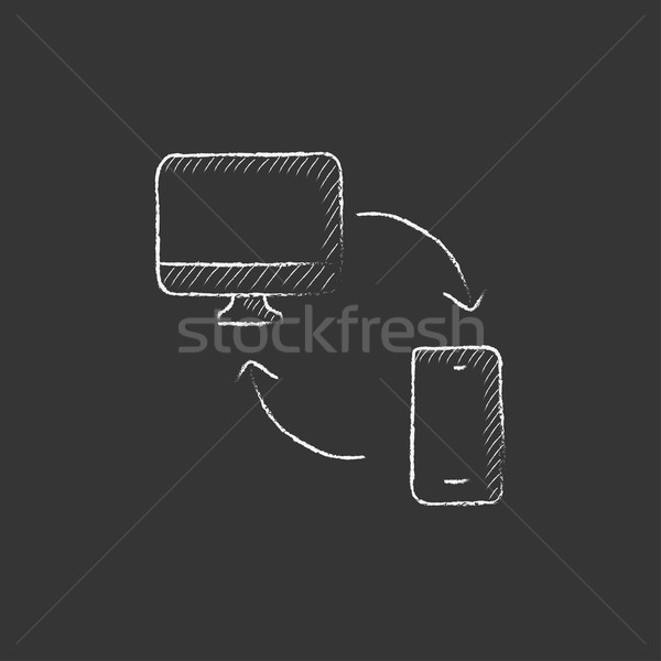 Synchronization computer with mobile device. Drawn in chalk icon. Stock photo © RAStudio