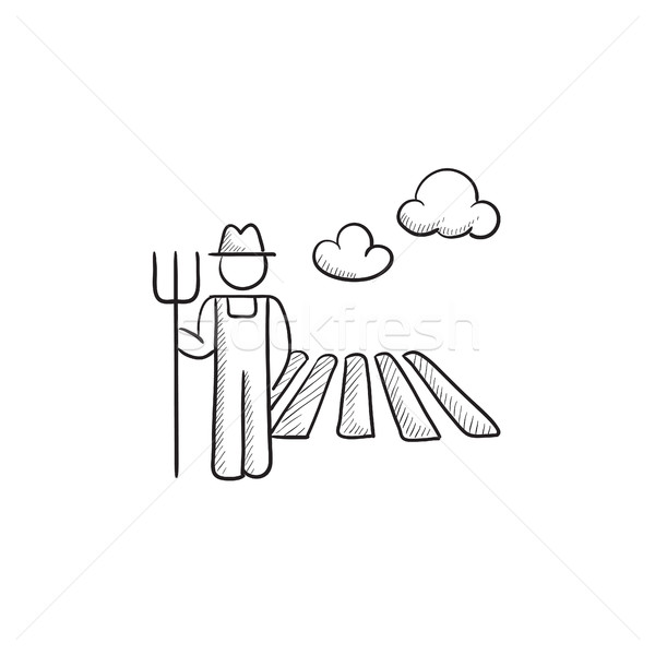 Farmer with pitchfork at field sketch icon. Stock photo © RAStudio