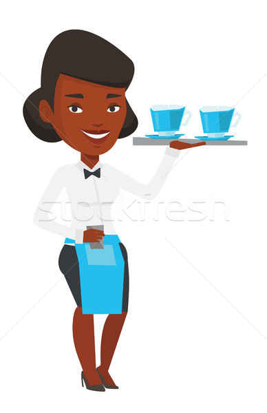 Waitress holding tray with cups of coffeee or tea. Stock photo © RAStudio
