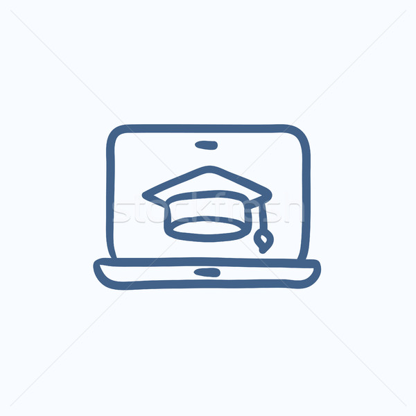 Foto stock: Laptop · graduação · boné · tela · esboço · ícone