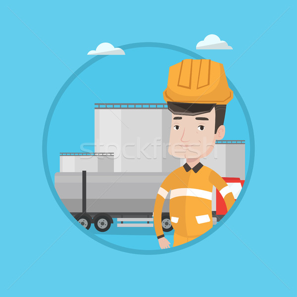 Lucrător combustibil camion ulei plantă caucazian Imagine de stoc © RAStudio