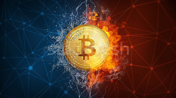 Gold bitcoin coin hard fork in fire flame, lightning and water splashes. Stock photo © RAStudio
