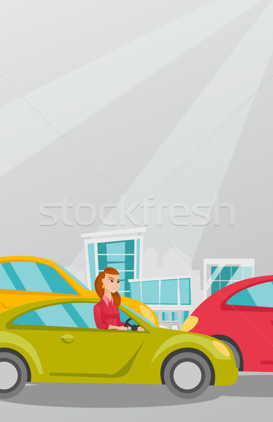 Supărat caucazian femeie maşină trafic blocat Imagine de stoc © RAStudio