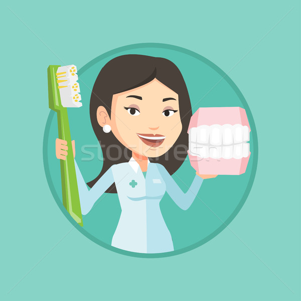 Stock photo: Dentist with dental jaw model and toothbrush.