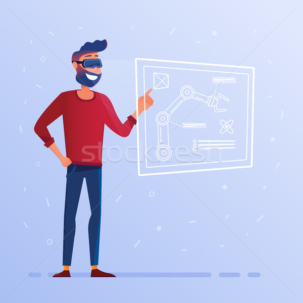 A man in VR headset with hud interface showing technological blueprint with robotic arm Stock photo © RAStudio