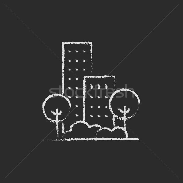 Woon- gebouw bomen icon krijt Stockfoto © RAStudio