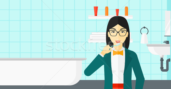 Nő fogmosás ázsiai fogkefe fürdőszoba vektor Stock fotó © RAStudio