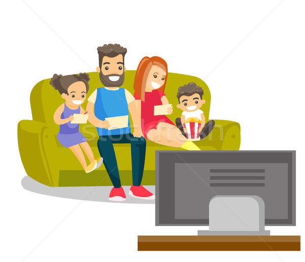 白 家庭 看電視 家 年輕 商業照片 © RAStudio