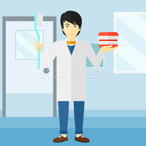 Dentist with dental jaw model and toothbrush. Stock photo © RAStudio