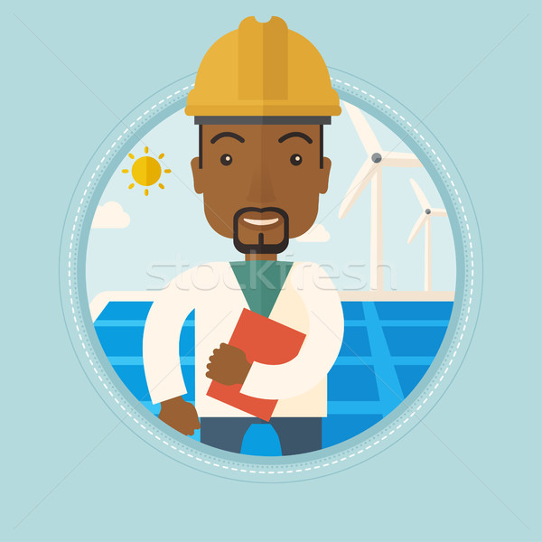 Masculino trabalhador energia solar planta parque eólico homem Foto stock © RAStudio