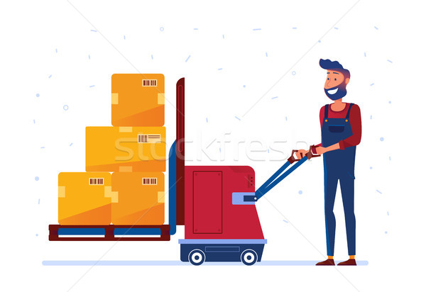 Warehouse worker is loading boxes with electric lifter Stock photo © RAStudio