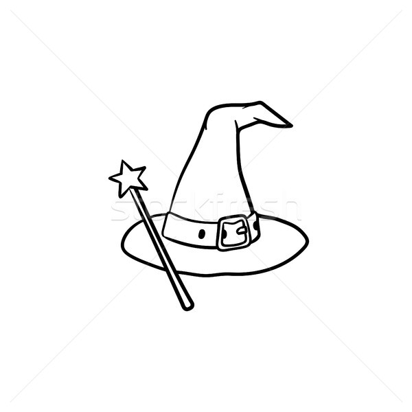 Stock photo: Wizard hat and magic wand hand drawn sketch icon.