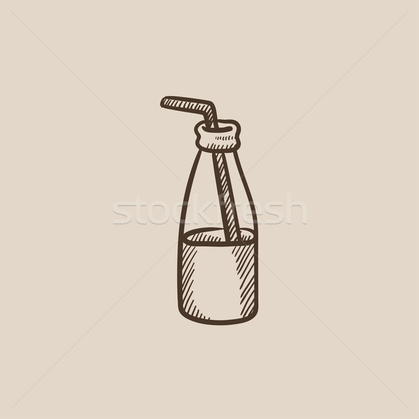 Stock photo: Glass bottle with drinking straw sketch icon.