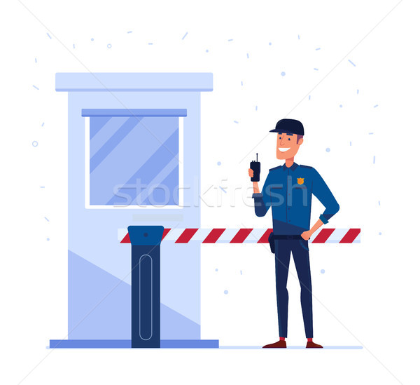 Security company employee with portable radio in front of the closed security gate. Stock photo © RAStudio