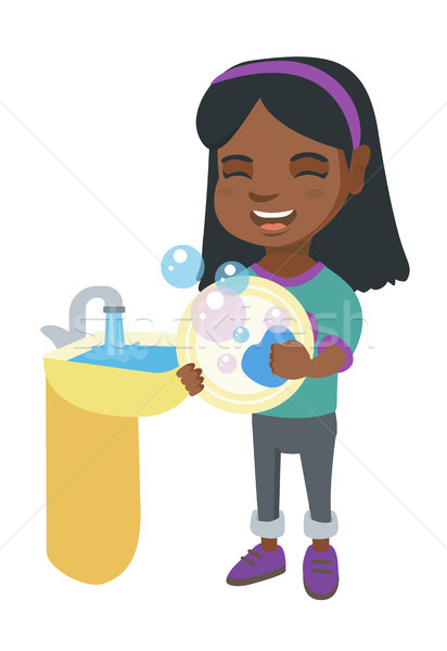 Little african girl washing dishes in the sink. Stock photo © RAStudio