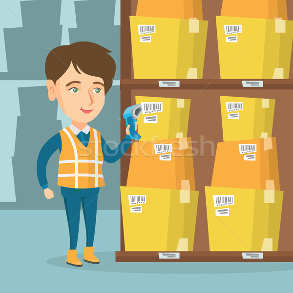 Caucasian warehouse worker scanning barcode on box Stock photo © RAStudio