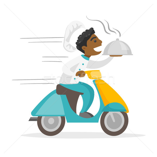 African-american man delivering dish on scooter. Stock photo © RAStudio