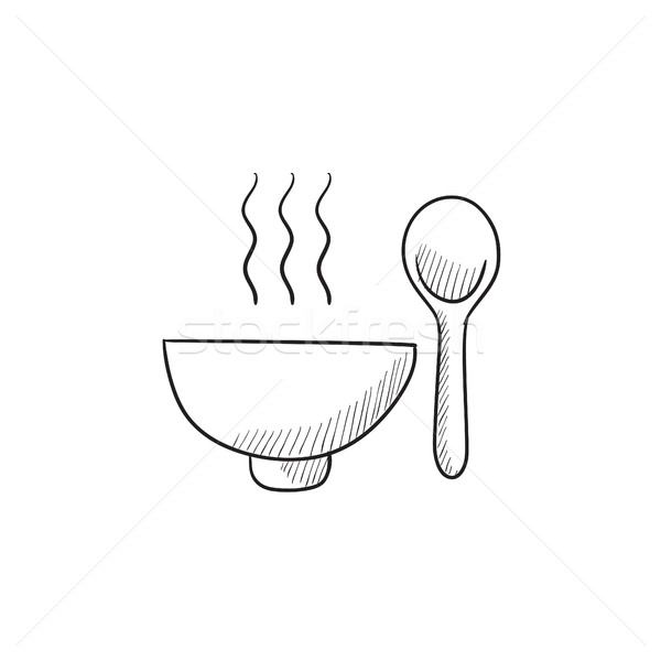 Foto stock: Tigela · quente · sopa · colher · esboço · ícone