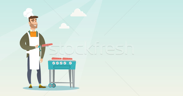 [[stock_photo]]: Homme · cuisson · steak · barbecue · gaz