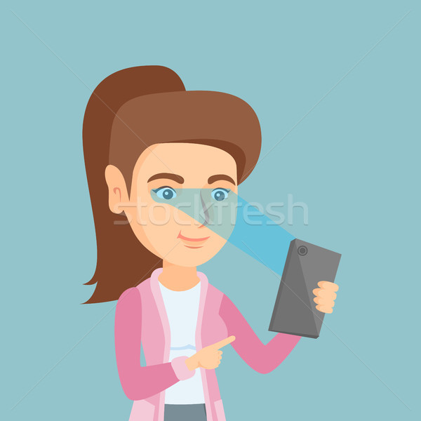 [[stock_photo]]: Femme · iris · scanner · téléphone · portable · puce