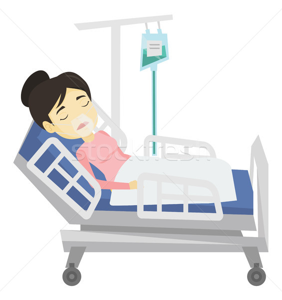Pacient pat de spital masca de oxigen asiatic procedura medicala picătură Imagine de stoc © RAStudio