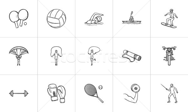 Stock photo: Sports and equipment hand drawn outline doodle icon set.