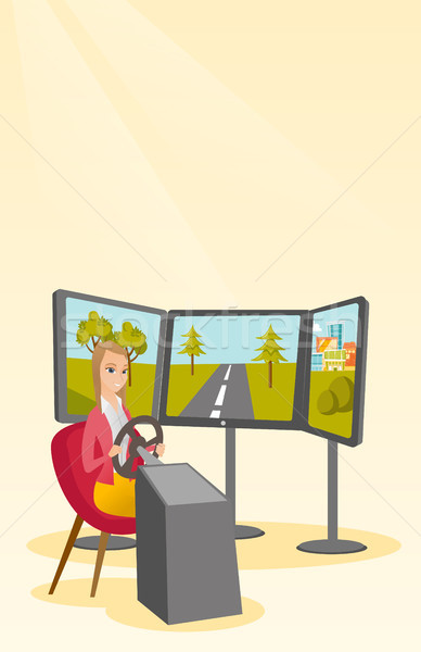 Young woman playing video game with gaming wheel Stock photo © RAStudio