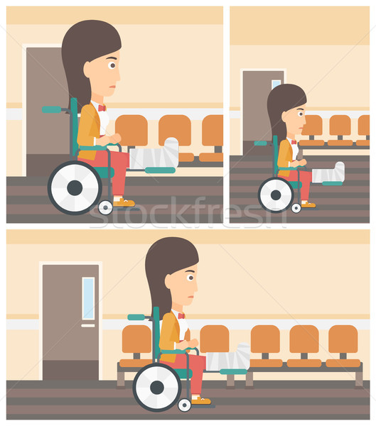 Stock photo: Woman with broken leg sitting in wheelchair.