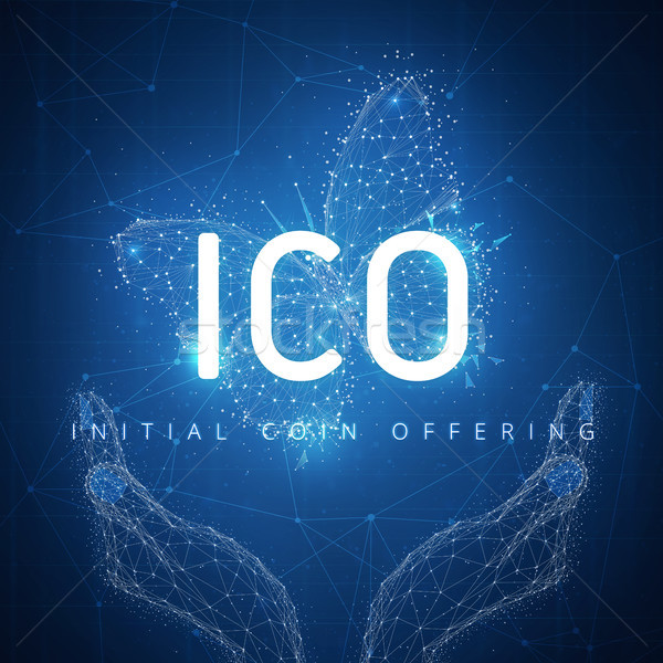 Stock photo: ICO initial coin offering hud banner with hands and butterfly