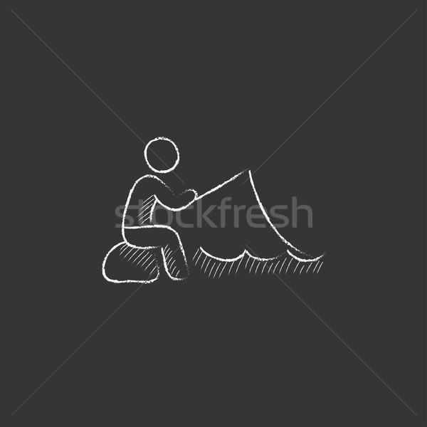 Fisherman sitting with rod. Drawn in chalk icon. Stock photo © RAStudio