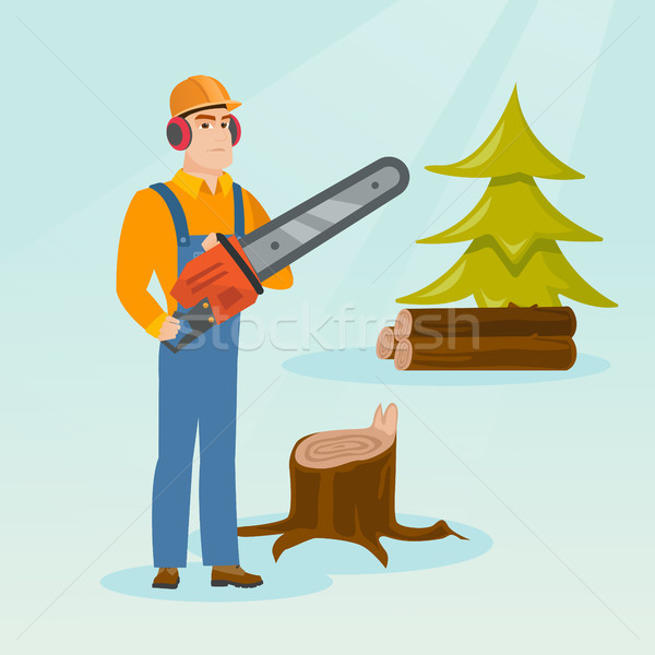 Holzfäller Kettensäge halten Arbeitskleidung Schutzhelm Stock foto © RAStudio