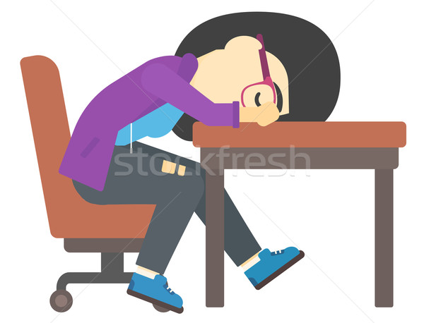 [[stock_photo]]: Femme · dormir · table · asian · fatigué · jeune · femme