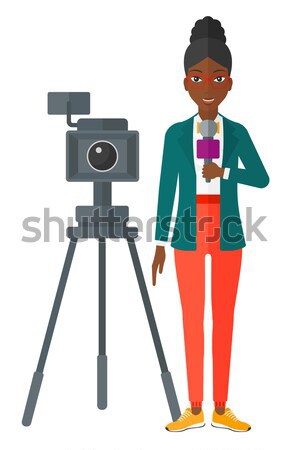 [[stock_photo]]: Tv · journaliste · travail · caméra · permanent · micro