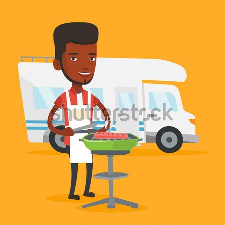 Férfi barbecue lakókocsi furgon afrikai főzés Stock fotó © RAStudio